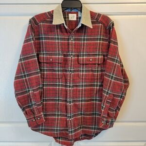 Y2K GAP Wool  Red Green Plaid Flannel Button Up Shacket With Corduroy Collar